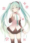  blush detached_sleeves green_eyes green_hair hatsune_miku headset hiraga_matsuri long_hair necktie skirt smile solo thighhighs twintails very_long_hair vocaloid white_background 