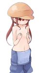  brown_eyes brown_hair cabbie_hat covering covering_breasts flat_chest hat low_twintails nakashino_setsu original overalls topless twintails 
