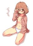  blush breasts brown_eyes brown_hair glasses kuriyama_mirai kyoukai_no_kanata looking_at_viewer mudou_eichi navel no_bra no_pants panties red-framed_eyewear short_hair simple_background small_breasts solo underwear white_panties 