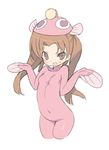  anglerfish anglerfish_costume blade_(galaxist) blush bodysuit breasts brown_eyes brown_hair fins fish_costume girls_und_panzer hat kadotani_anzu lowres pink_bodysuit simple_background skin_tight small_breasts solo twintails 