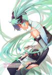  1girl 2013 bridal_gauntlets character_name closed_eyes dated green_hair hatsune_miku hatsune_miku_(append) highres long_hair solo thighhighs twintails very_long_hair vocaloid vocaloid_append white_background 
