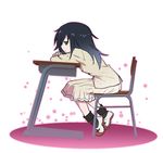  alternate_legwear bags_under_eyes banchii black_hair black_legwear blush chair desk from_side full_body green_eyes hair_over_one_eye kuroki_tomoko long_hair profile school_chair school_desk school_uniform shoes skirt socks solo uwabaki watashi_ga_motenai_no_wa_dou_kangaetemo_omaera_ga_warui! 