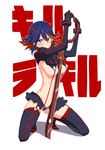  background_text blue_eyes boots breasts clearite clenched_teeth copyright_name gloves hairpods highres kill_la_kill matoi_ryuuko medium_breasts midriff multicolored_hair navel planted_weapon red_hair revealing_clothes scissor_blade senketsu short_hair skirt solo squatting suspenders sword teeth thigh_boots thighhighs two-tone_hair weapon 