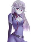  1girl 2013 bodysuit breasts cleavage gamilas grey_hair grey_skin hayabusa_koi hime_cut jirel long_hair mirenel_linke pointy_ears purple_eyes simple_background skin_tight smile solo uchuu_senkan_yamato uchuu_senkan_yamato_2199 