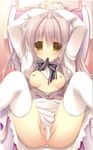  arms_up artist_request blue_bow blue_neckwear bow bowtie breasts breasts_outside grey_hair highres kiss_to_lord_to_darjeeling looking_at_viewer lycerisious_h_kirigasaki medium_breasts mouth_hold nipples no_panties open_clothes open_shirt pussy_juice shirt spread_legs thighhighs white_legwear yellow_eyes 