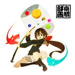  a_(kyousougiga) black_legwear bow brown_hair copyright_name hair_bow hammer holding kitsune_(kazenouta) koto_(kyousougiga) kyousougiga long_hair looking_at_viewer mary_janes open_mouth ponytail red_eyes school_uniform serafuku shikigami shoes skirt smile socks un_(kyousougiga) weapon white_background yellow_eyes 