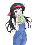  black_hair blue_eyes comic_party glasses hairband holding long_hair looking_at_viewer magazine overalls rimless_eyewear sakurai_asahi solo tsukasa_0913 white_background 