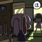  alternate_hairstyle animal_ears bangs barefoot blazer box brown_hair bunny_ears carrot_necklace caught closet clothes_hanger detached_ears hair_up holding inaba_tewi indoors jacket jewelry legs_apart long_sleeves looking_at_another maguro_(mawaru_sushi) mirror multiple_girls necklace o_o open_door open_mouth outstretched_arm outstretched_arms pink_skirt pleated_skirt ponytail reisen_udongein_inaba shadow short_sleeves skirt sliding_doors spread_arms standing surprised tatami touhou walk-in 
