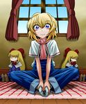  adapted_costume alice_margatroid bad_id bad_pixiv_id blonde_hair blue_eyes blush capelet commentary_request feet_together hands_on_feet indian_style nukarumi_noren shanghai_doll short_hair sitting smile solo touhou window 