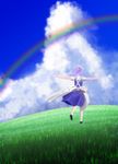  bad_id bad_pixiv_id blue_sky bow braid cloud day from_behind grass hair_bow highres hill izayoi_madai izayoi_sakuya lavender_hair maid_headdress open_hands outdoors outstretched_arms pantyhose rainbow short_hair short_sleeves single_braid skirt skirt_set sky solo spread_arms touhou white_legwear wind wind_lift 
