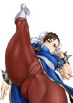  anus bracelet breasts brown_hair bun_cover censored chun-li covered_nipples highres jewelry large_breasts leg_lift looking_at_viewer looking_down no_panties pantyhose pelvic_curtain pointless_censoring pussy sash simple_background solo spiked_bracelet spikes split standing standing_on_one_leg standing_split street_fighter white_background zonda_(solid_air) 