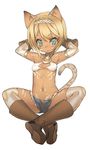  animal_ears bare_shoulders bikini_top blade_(galaxist) blonde_hair blue_eyes blush bodypaint boots breasts cat_ears cat_tail character_request collar crossed_legs denim denim_shorts elbow_gloves gloves hairband indian_style kaiten_muten-maru midriff navel short_hair short_shorts shorts sitting small_breasts solo tail thighhighs white_gloves white_legwear 