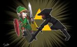 2boys battle black_hair brown_hair clone dual_persona elf glowing hat jumping link magical_sword multiple_boys nintendo open_mouth pointy_ears red_eyes shadow_link shield surprise sword the_legend_of_zelda triforce weapon zelda_ii:_the_adventure_of_link 