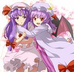  bat_wings blush bobby_socks cosplay costume_switch crescent dress fang hair_ribbon hat hat_ribbon hug jurakin long_hair multiple_girls open_mouth patchouli_knowledge purple_eyes purple_hair red_eyes remilia_scarlet ribbon short_hair simple_background skirt smile socks touhou wings 