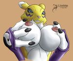  2013 3_fingers anthro arashidrgn big big_breasts black_eyes blue_eyes breasts canine claws digimon female fox fur gloves hand_on_breasts hand_on_chest happy nipples nude pink_nose purple_fur raised_arm renamon sharp_teeth smil solo squeeze standing teeth white_fur yellow_fur 