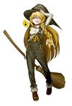  bad_id bad_pixiv_id blonde_hair boots braid broom eighth_note hat kirisame_marisa long_hair long_sleeves musical_note nukarumi_noren one_eye_closed overalls smile spoken_musical_note strap_slip tongue touhou witch_hat yellow_eyes 