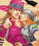  beard blonde_hair brown_hair cross facial_hair facial_mark freer green_eyes gyro_zeppeli johnny_joestar jojo_no_kimyou_na_bouken long_hair multiple_boys pink_eyes steel_ball_run 