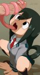  1boy 1girl artist_name asui_tsuyu bangs black_eyes black_legwear blazer boku_no_hero_academia breasts collared_shirt erection eyelashes fellatio frog_girl green_hair hair_between_eyes hands hetero jacket licking_penis long_hair long_tongue medium_breasts merunyaa necktie open_mouth oral patreon_username penis pixiv_username school_uniform shirt signature skirt socks squatting tied_hair tongue tongue_out u.a._school_uniform uncensored very_long_tongue 