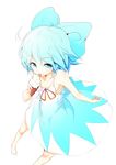  absurdres baba_(baba_seimaijo) bare_shoulders barefoot blue_eyes blue_hair bow cirno dress food hair_bow highres ice_cream ice_cream_cone licking looking_at_viewer ribbon short_hair simple_background soft_serve solo tongue touhou white_background 
