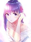  1girl boa_sorte bra breasts cleavage collarbone commentary_request eyebrows_visible_through_hair fate/stay_night fate_(series) hair_ribbon heaven&#039;s_feel highres long_hair looking_at_viewer matou_sakura off_shoulder pink_ribbon purple_eyes purple_hair ribbon solo surgical_mask underwear upper_body 