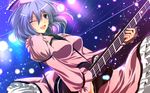  between_breasts blue_hair breasts dress guitar hat highres instrument juliet_sleeves large_breasts long_sleeves merlin_prismriver music nekominase one_eye_closed open_mouth pink_dress pink_eyes playing_instrument puffy_sleeves smile solo stage_lights touhou 