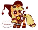  applejack bat blonde_hair bone candy dotted_line english food freckles ghost hair_ornament halloween hat heart horse jack-o'-lantern looking_back mouth_hold my_little_pony my_little_pony_friendship_is_magic no_humans pony sikaku367 simple_background skull solo speech_bubble standing striped striped_legwear white_background wide-eyed wings witch_hat 