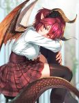  1girl bangs black_legwear blush breasts center_frills commentary dragon_girl dragon_horns dragon_tail dragon_wings fingernails frilled_shirt frills granblue_fantasy grea_(shingeki_no_bahamut) hair_between_eyes high-waist_skirt horns kws large_breasts leg_hug long_sleeves looking_at_viewer manaria_friends plaid plaid_skirt pointy_ears red_eyes red_skirt shingeki_no_bahamut shirt short_hair sitting skirt slit_pupils solo tail thighhighs white_shirt wings zettai_ryouiki 