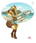  beach canine clothed clothing female flower flower_in_hair fox gloves_(marking) kacey lei mammal markings seaside skimpy solo surf_board surfboard surfer 