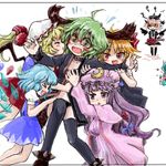  animal_ears blonde_hair blue_hair choker choujuu_gigaku cirno dress flandre_scarlet green_eyes green_hair hat kasodani_kyouko long_hair multiple_girls mystia_lorelei nanashii_(soregasisan) open_mouth panties patchouli_knowledge purple_eyes purple_hair red_eyes ribbon rumia saigyouji_yuyuko short_hair smile touhou underwear wings 