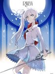  copyright_name earrings expressionless grey_eyes holding holding_sword holding_weapon jewelry left-handed long_hair mate@juken myrtenaster no_scar ponytail rwby signature solo sword weapon weiss_schnee 
