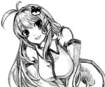  ahoge bad_id bad_pixiv_id bare_shoulders breasts charcoal_(medium) detached_sleeves frog_hair_ornament greyscale hair_ornament kochiya_sanae large_breasts leaning_forward long_hair looking_at_viewer matsukei monochrome smile snake_hair_ornament solo touhou traditional_media white_background 