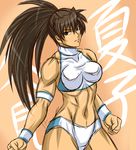  armband breasts brown_eyes brown_hair clenched_hands large_breasts long_hair muscle muscular_female navel original ponytail solo swimsuit tankini taroimo_(00120014) wrestling_outfit wristband 