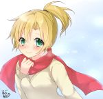  0yukiya0 1girl alternate_costume artist_logo bangs beige_sweater blonde_hair commentary_request dated green_eyes highres kantai_collection looking_at_viewer maikaze_(kantai_collection) parted_bangs ponytail red_scarf scarf short_hair short_ponytail smile solo white_background 