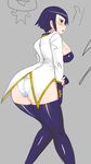  ass black_legwear blue_hair blush breasts butt_crack elisabeth_blanctorche embarrassed from_behind holding_arm jacket large_breasts no_pants okyou panties short_hair sideboob solo sweatdrop the_king_of_fighters thighhighs underwear white_panties 