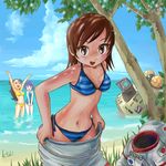  3girls apollo beach bikini blue_eyes breasts brown_eyes brown_hair eyes_closed kiichi long_hair matsuri miura_akane_(rocket_girls) morita_yukari multiple_girls ocean purple_hair rocket_girls short_hair space_craft spacesuit sweat swimsuit undressing water 