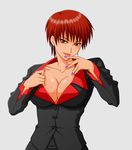  breasts cleavage cleavage_reach collarbone earrings head_tilt highres jewelry large_breasts licking_hand makani_kohitujito nail_polish naughty_face no_bra red_eyes red_hair short_hair shoulder_pads solo the_king_of_fighters the_king_of_fighters_xiii tongue tsurime vice 