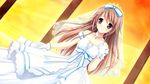  1boy androgynous blush brown_hair crossdressing dress game_cg kimishima_ao long_hair miyama_mizuki otome_ga_tsumugu_koi_no_canvas otome_ga_tsumugu_koi_no_canvas_futari_no_gallery purple_eyes solo trap wedding_dress 