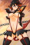  arms_behind_back bad_id bad_twitter_id blue_eyes blush boots breasts chain embarrassed highres kill_la_kill large_breasts matoi_ryuuko multicolored_hair navel nuezou revealing_clothes scissor_blade senketsu solo suspenders sword thigh_boots thighhighs tight two-tone_hair underboob weapon 