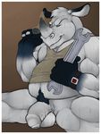  amwulf anthro balls belly biceps big_muscles chubby clothing condom flaccid grin hex_(character) humanoid_penis looking_at_viewer male mammal mechanic musclegut muscles pecs penis pubes rhinoceros shirt solo spanner spread_legs spreading sweat tank_top uncut vest whyteyote wrench wristwatch 
