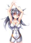  324cm armpits arms_up black_hair breasts competition_swimsuit covered_nipples highres kantai_collection large_breasts long_hair nagato_(kantai_collection) one-piece_swimsuit red_eyes swimsuit 