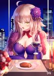  1girl ahoge bangs bow breasts brown_eyes building burning candle cityscape cleavage commentary_request cup dress drinking_glass elbow_gloves eyebrows_visible_through_hair fate/grand_order fate_(series) fire flower food fork fur_collar gloves gogatsu_fukuin hair_between_eyes hair_flower hair_ornament highres holding holding_cup indoors jeanne_d&#039;arc_(alter)_(fate) jeanne_d&#039;arc_(fate)_(all) jeanne_d'arc_(alter)_(fate) jeanne_d'arc_(fate)_(all) knife large_breasts light_brown_hair long_hair looking_at_viewer meat night night_sky open_mouth plate purple_dress purple_flower purple_gloves red_bow red_flower red_rose rose signature sky skyscraper solo strapless strapless_dress upper_body very_long_hair white_flower white_rose wine_glass 