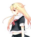  black_ribbon blonde_hair bow hair_bow hair_flaps hair_ornament hair_ribbon kantai_collection kayuma long_hair red_eyes remodel_(kantai_collection) ribbon school_uniform serafuku short_sleeves simple_background solo yuudachi_(kantai_collection) 