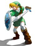  blonde_hair blue_eyes earrings gloves hat holding holding_sword holding_weapon jewelry left-handed link male_focus mumilove pointy_ears shield simple_background solo sword the_legend_of_zelda the_legend_of_zelda:_ocarina_of_time weapon 