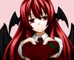  bat_wings box head_wings heart-shaped_box incoming_gift koakuma long_hair looking_at_viewer necktie red_eyes red_hair smile sourouhoukeisotin touhou valentine wings 