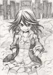  graphite_(medium) hands_in_pockets jacket kill_la_kill kurose_kousuke letterman_jacket matoi_ryuuko monochrome ribbon sketch skirt smirk solo traditional_media 