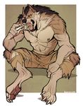  abs aerosocks anthro biceps black_nose brown_fur brown_hair canine claws clothing fangs fur hair looking_at_viewer male mammal muscles nipples open_mouth pawpads paws pecs pose short shorts sitting solo tan_fur teeth toe_claws tongue tongue_out topless torn_clothing were werewolf wolf yellow_eyes 