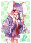  animal_ears blush bunny_ears long_hair long_sleeves necktie purple_hair red_eyes red_neckwear reisen_udongein_inaba saidou skirt solo thighhighs touhou very_long_hair wavy_mouth 