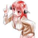  breasts cleavage commentary head_wings hideki_(itsuki_xx) highres koakuma large_breasts leaning_forward long_hair naked_sweater pointing pointing_up red_eyes red_hair sweater touhou unzipped 