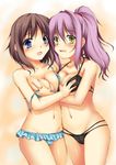  bikini blue_eyes blush breast_grab breasts brown_hair grabbing highres hoshizuki_(seigetsu) long_hair looking_at_viewer medium_breasts mouth_hold multiple_girls navel open_mouth original pink_hair ponytail short_hair strap_slip swimsuit yellow_eyes yuri 