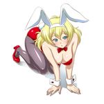  all_fours animal_ears blonde_hair blue_eyes bow bowtie breasts bunny_ears bunny_tail bunnysuit cleavage detached_collar large_breasts long_hair miniskirt_pirates pantyhose r44 sasha_staple solo tail wrist_cuffs 